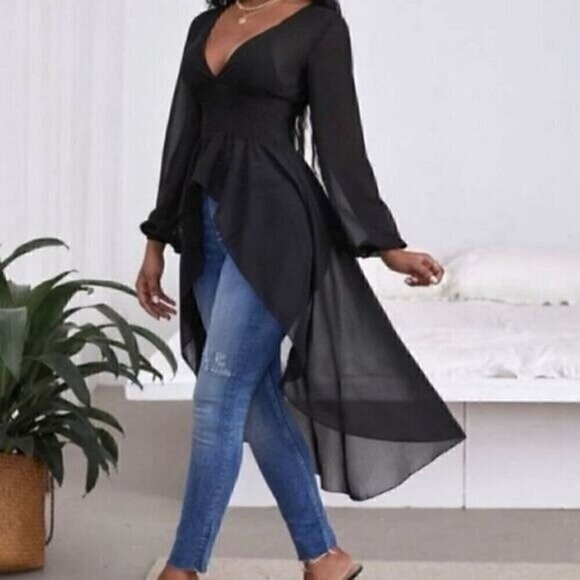 Sexy Plunging Neck Lantern Sleeve High Low Hem Top - Picture 2 of 4